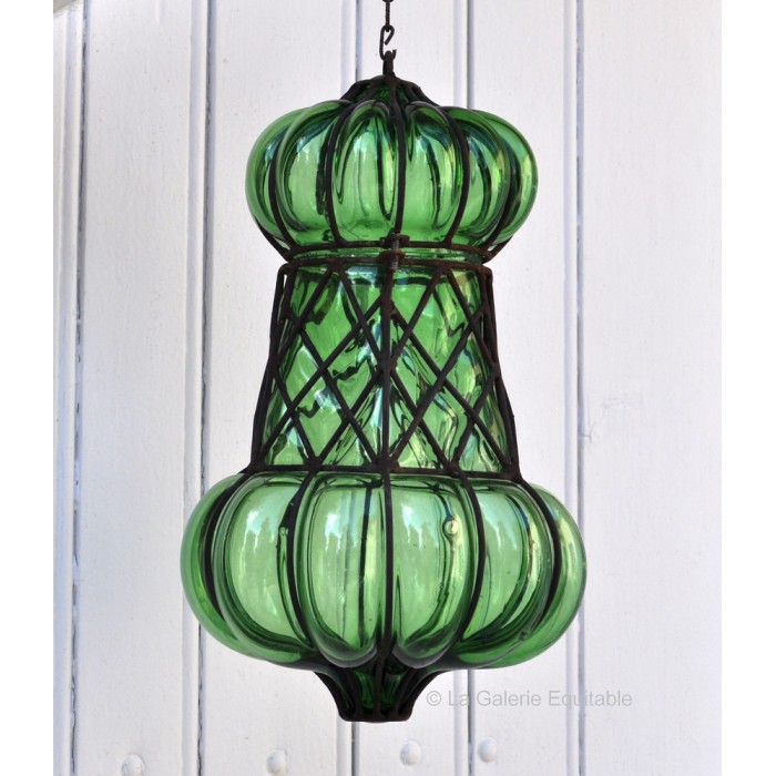 Suspension Lanterne En Verre Jaune épais Soufflé - Fer Forgé Style Brutaliste/moderniste Des Années 60