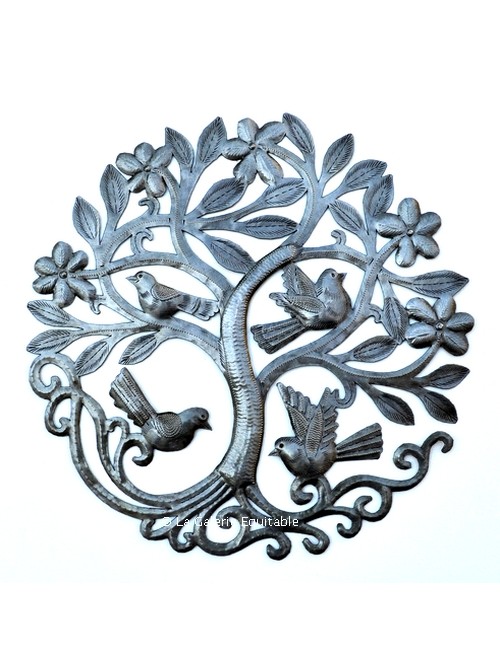 Petit arbre de vie mural en métal martelé avec belles fleurs en relief et 4 oiseaux