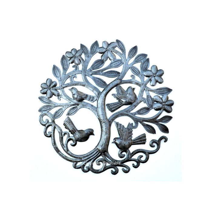 Petit arbre de vie mural en métal martelé avec belles fleurs en relief et 4 oiseaux