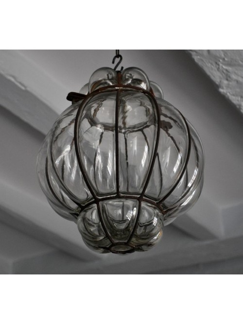 Lampe lanterne verre soufflé et fer forgé - La Galerie Equitable