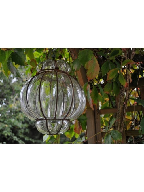 Lampe lanterne verre soufflé et fer forgé - La Galerie Equitable