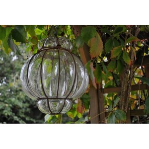 Lampe lanterne verre soufflé et fer forgé - La Galerie Equitable