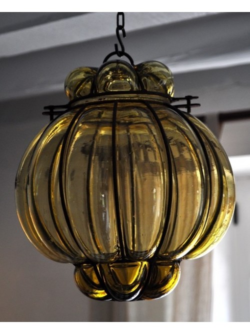 Lampe lanterne verre soufflé et fer forgé - La Galerie Equitable
