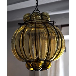 Lampe lanterne verre soufflé et fer forgé - La Galerie Equitable